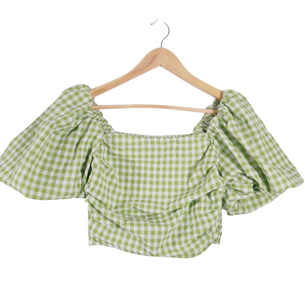 Mimosa, Crop Top,  Green/White Gingham Check, Puffy Sleeves, Small Western Style